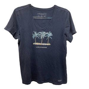 Life is Good Blue Wash Palm Tree Short Sleeve V Neck Tshirt Womens Sz M